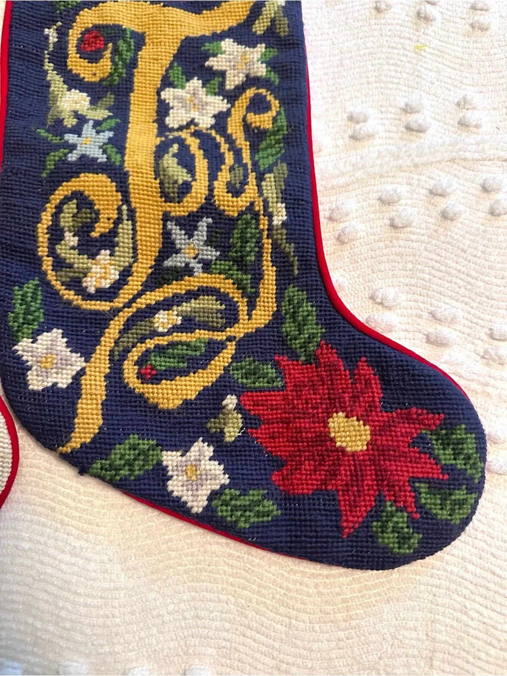 Pair of Christmas Needlepoint Embroidered Holiday Stockings in Red, Navy & Cream